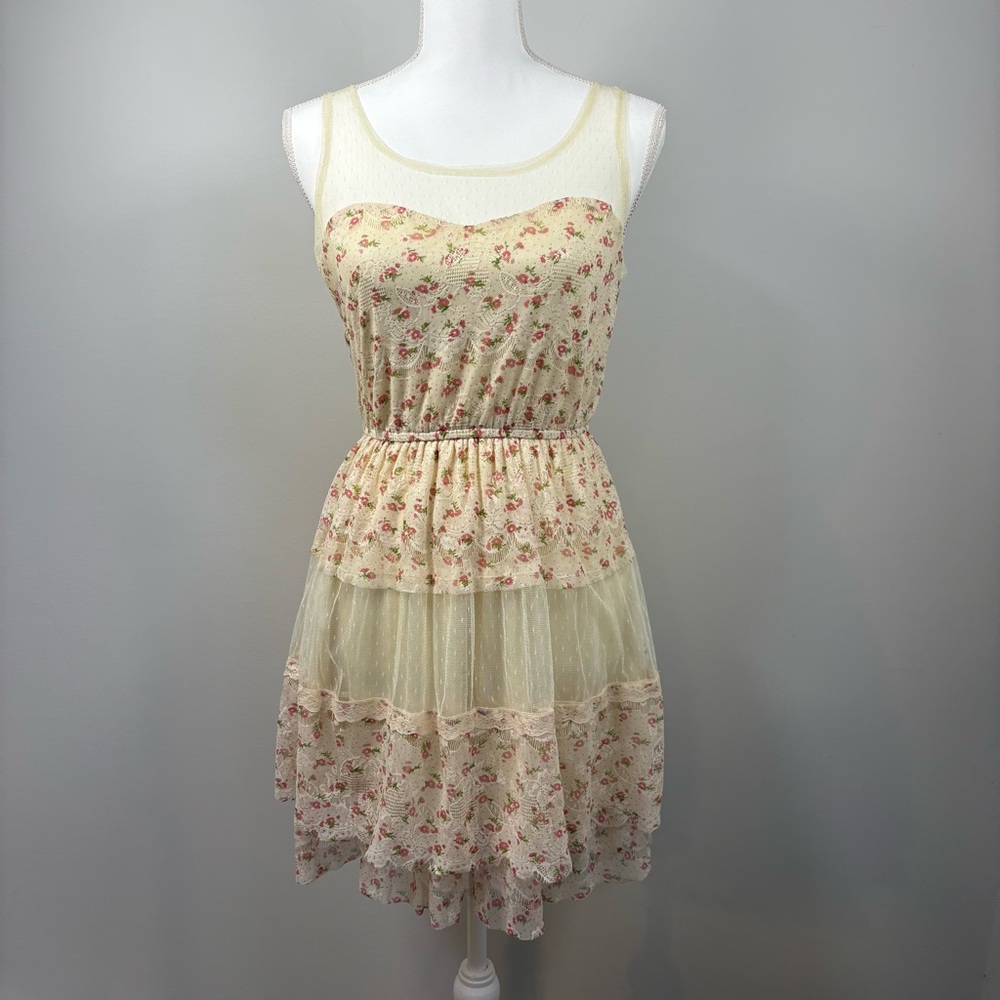 Coquette Floral Lace Tiered Mini Dress Cottagecore Fairycore Women’s Small